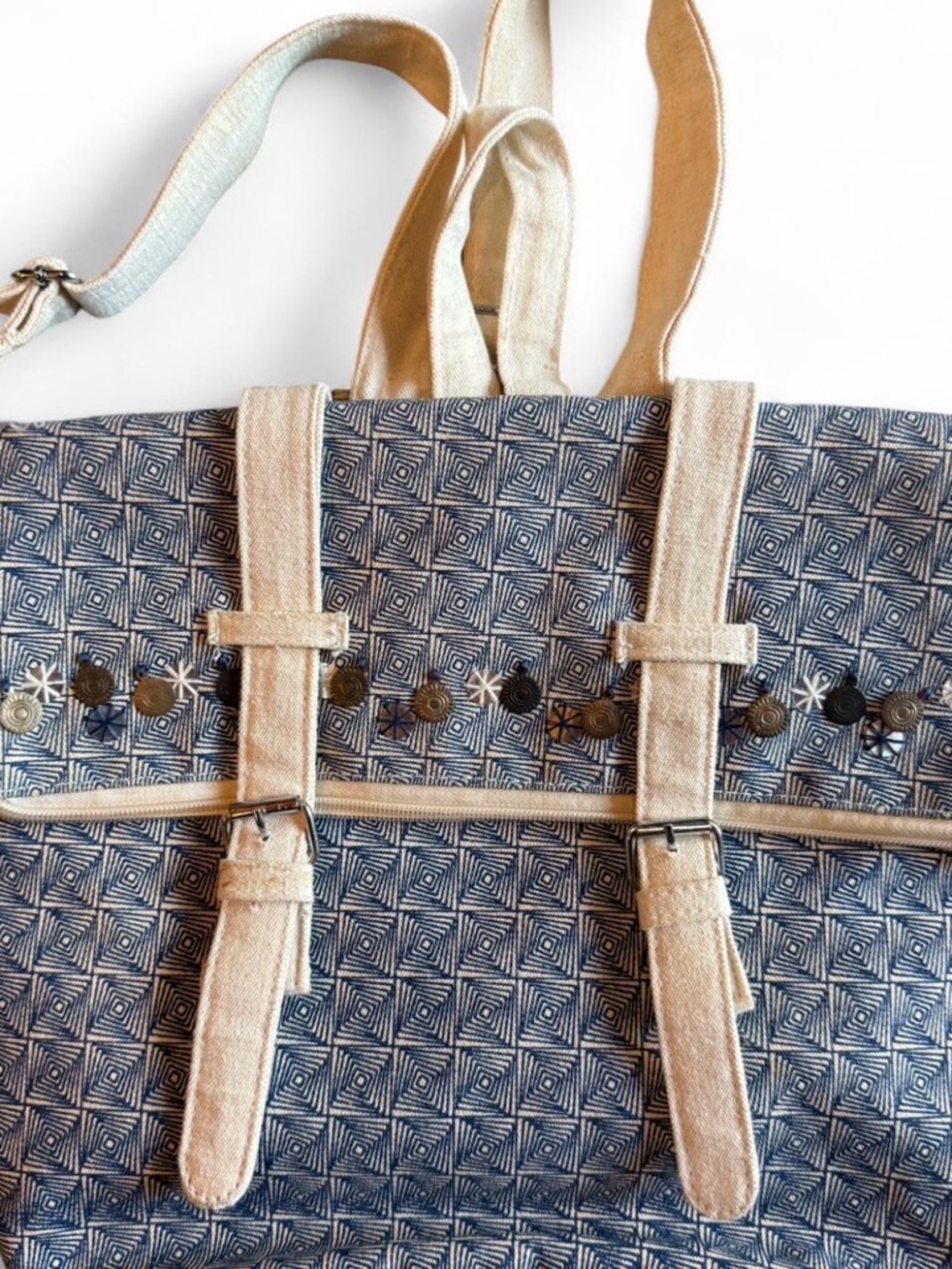 SOHO Woven textile backpack blue & cream geometric boho bag